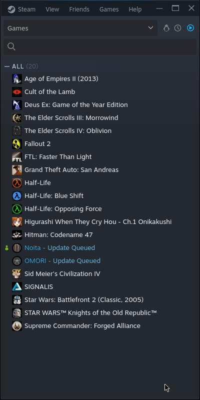 A list of games installed via Steam