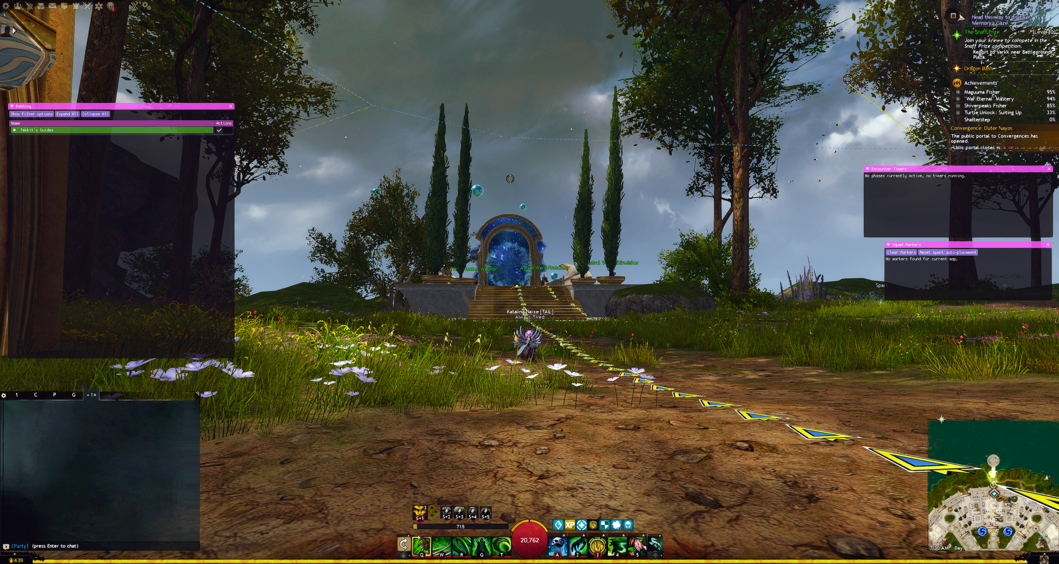 TaimiHUD, showing Pathing, Markers and Timers windows and paths visible.